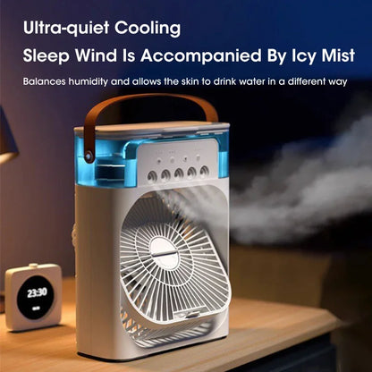 Humidificador portátil 3 en 1, ventilador de aire acondicionado, USB, luz LED nocturna, vaporizador de agua, divertido enfriador de aire, humidificador para el hogar.