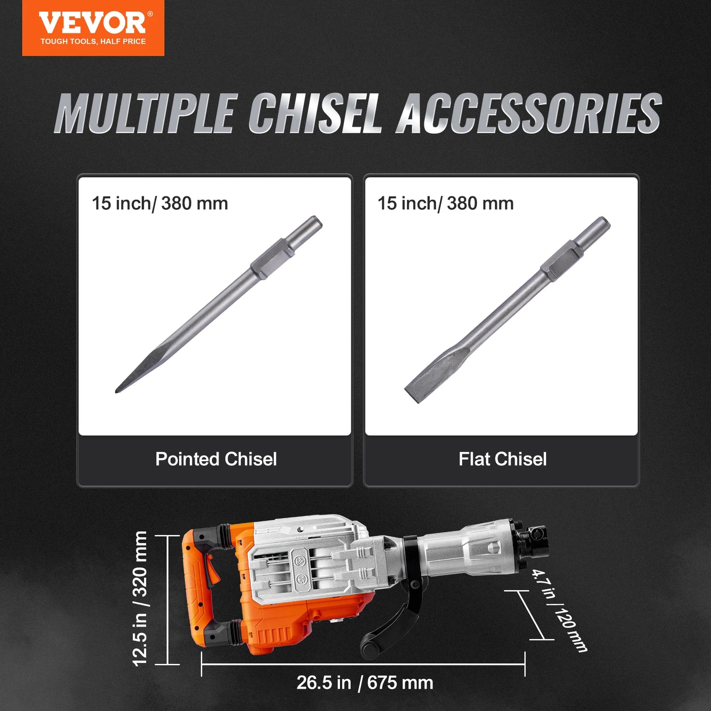 Martillo de demolición VEVOR de 1700 W y 60 J, martillo neumático eléctrico para hormigón con 2 brocas de cincel para zanjas y agujeros.