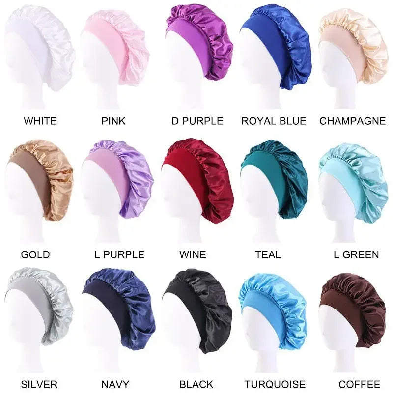 Nuevo gorro de dormir de ala ancha de satén liso para mujer, gorro unisex con banda elástica, gorro para el cuidado del cabello, gorro de noche