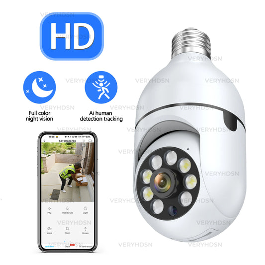 3MP E27 Bulb WiFi IP Camera 4X Digital Zoom AI Human Motion Detect Full Color Night Vision Indoor Security Surveillance Cameras