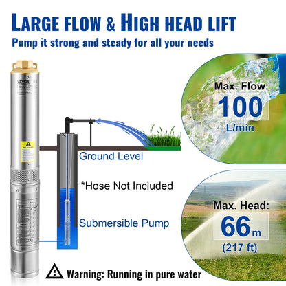 Bomba sumergible para pozo profundo VEVOR de 750 W, cable eléctrico de 20 m y 7,6 cm, de acero inoxidable, para riego industrial y uso doméstico.