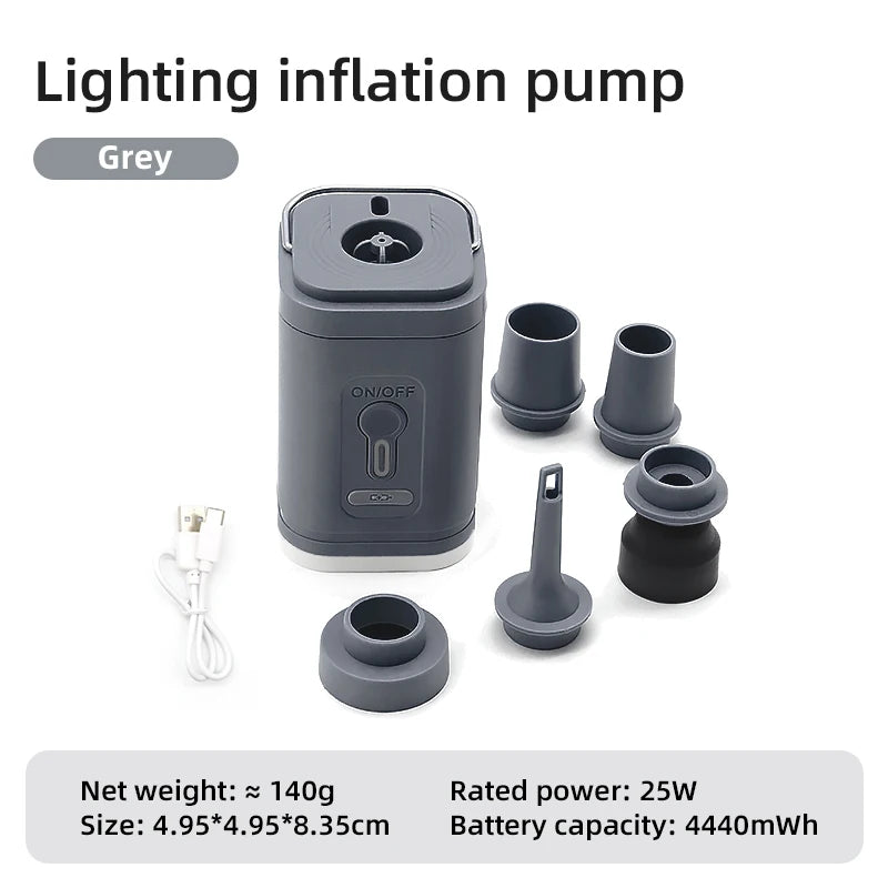 Bomba de aire eléctrica 3 en 1 con luces, minicompresor de aire inalámbrico, carga USB, inflador/desinflador para acampar al aire libre.