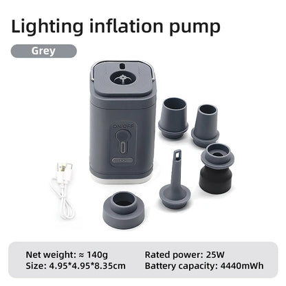 Bomba de aire eléctrica 3 en 1 con luces, minicompresor de aire inalámbrico, carga USB, inflador/desinflador para acampar al aire libre.