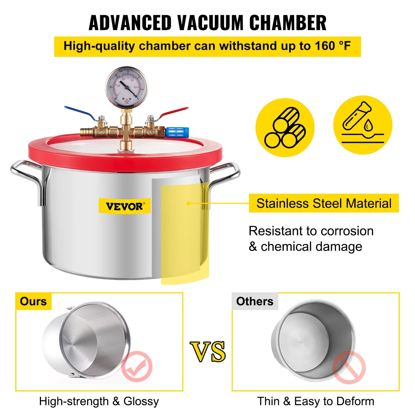Cámara de vacío de acero inoxidable VEVOR Cámara de desgasificación al vacío de 1,5 a 5 galones Tapa de vidrio Siliconas para extracción de gas y protección Fo