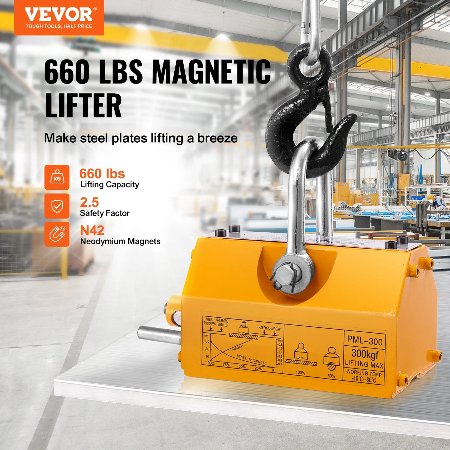 Elevador magnético permanente VEVOR de 100 kg a 2000 kg con capacidad de tracción y factor de seguridad de 2,5. Imán de elevación de neodimio y acero. Imanes de elevación.