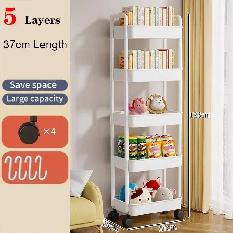 3/4/5 Tier Rolling Utility Cart with Hooks Book Storage Rack with Brakes Easy Assembly for Kitchen, Office, Bathroom