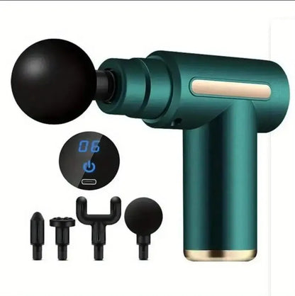 Pistola de masaje facial portátil, masajeador de percusión eléctrico, relajación corporal con pantalla táctil LED y 4 cabezales reemplazables.