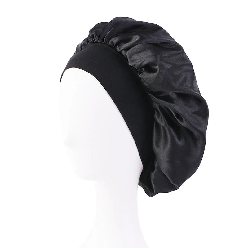 Nuevo gorro de dormir de ala ancha de satén liso para mujer, gorro unisex con banda elástica, gorro para el cuidado del cabello, gorro de noche