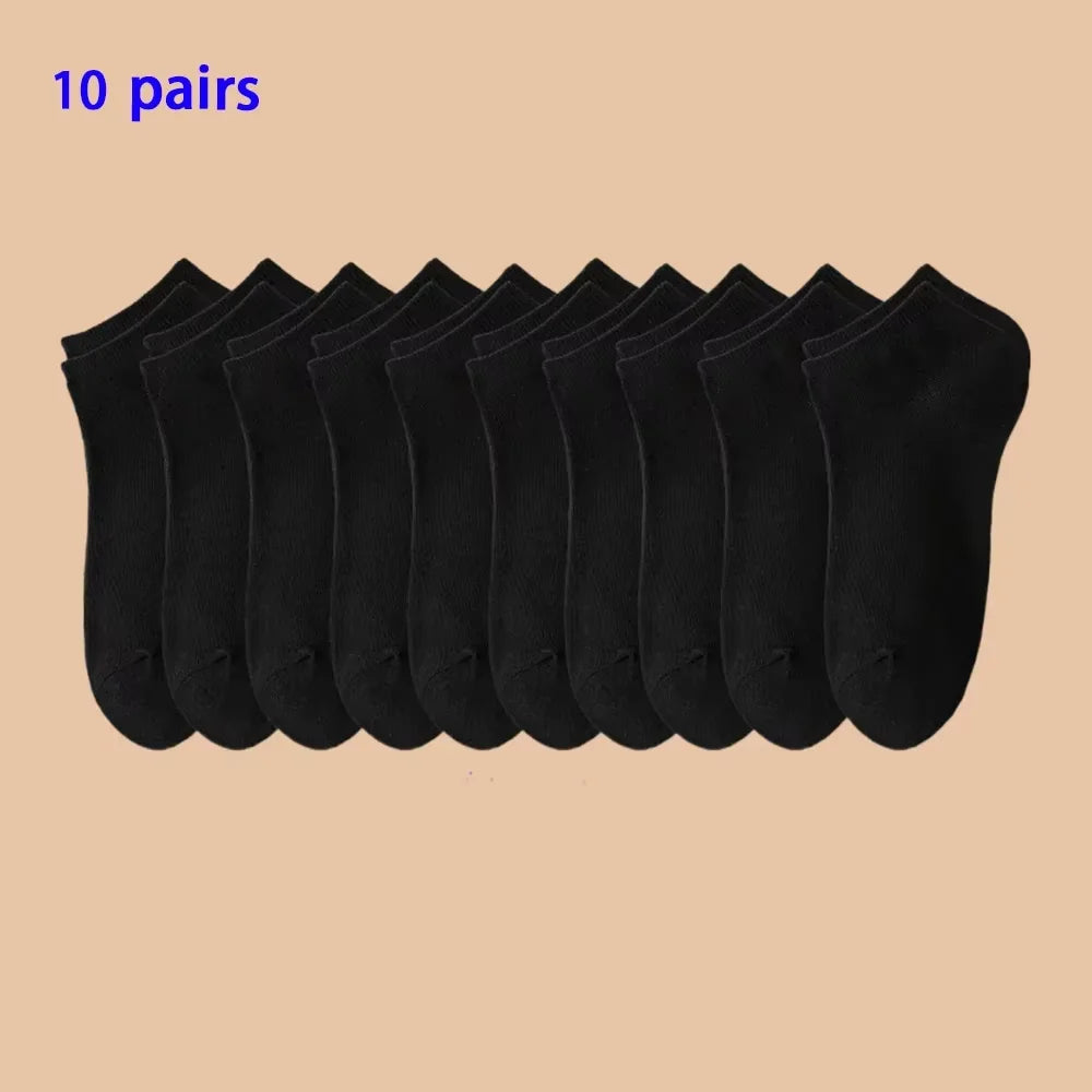 10 pairs of black and white solid color simple business men's boat socks breathable and comfortable casual socks