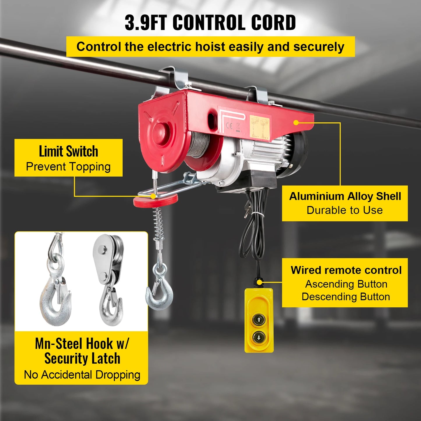 Grúa elevadora eléctrica VEVOR de 250/300 kg con cabrestante para barcos, coches, garajes y ascensores con control remoto por cable.