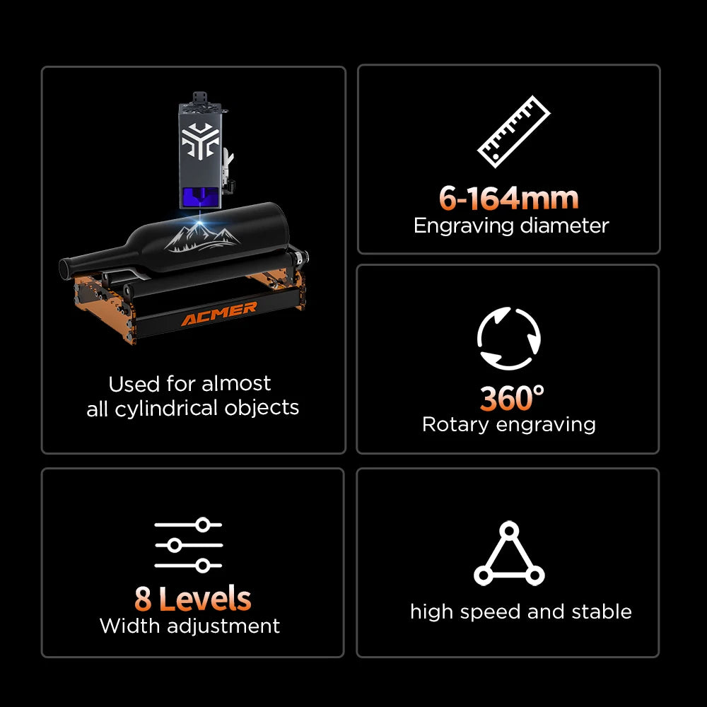 Rodillo rotatorio láser ACMER M3 Grabador láser Rodillo rotatorio de eje Y Para el 95% de grabado láser LightBurn LaserGRBL