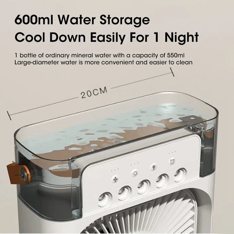 Humidificador portátil 3 en 1, ventilador de aire acondicionado, USB, luz LED nocturna, vaporizador de agua, divertido enfriador de aire, humidificador para el hogar.