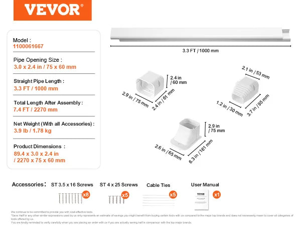 VEVOR - Cubierta decorativa de PVC para tubería de aire acondicionado (minisplit), fácil de instalar, pintable, para bomba de calor, color blanco