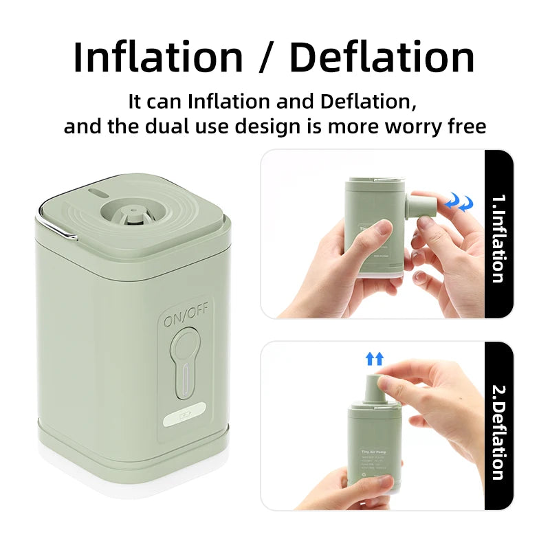 Bomba de aire eléctrica 3 en 1 con luces, minicompresor de aire inalámbrico, carga USB, inflador/desinflador para acampar al aire libre.