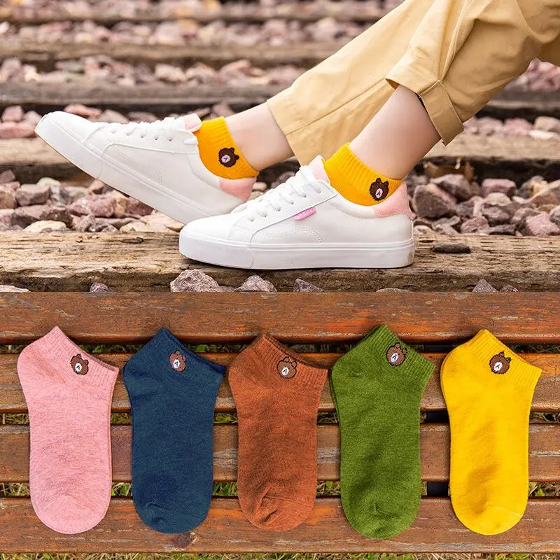 Ten Pairs of Ten Color WOMEN'S Solid Color Teddy Bear Short Socks, Cute, Comfortable, and Breathable WOMEN'S Socks