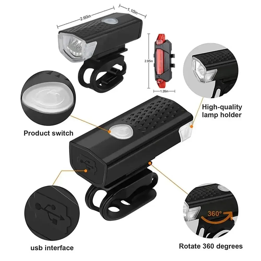 Juego de luces para bicicleta, luz delantera con luz trasera, recargable por USB, fácil de instalar, 3 modos, accesorios para bicicleta de carretera y MTB