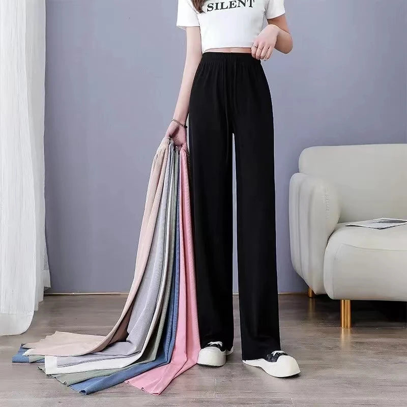Pantalones anchos de seda helada para mujer, pantalón informal, holgado, de cintura alta, color negro, para primavera y verano, 2024