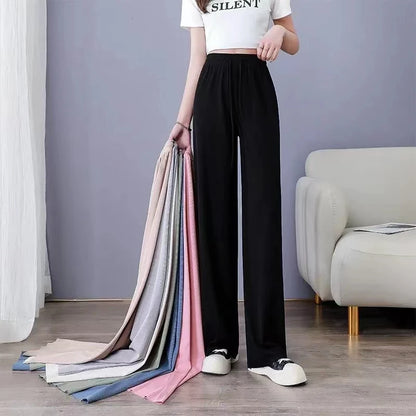 Pantalones anchos de seda helada para mujer, pantalón informal, holgado, de cintura alta, color negro, para primavera y verano, 2024