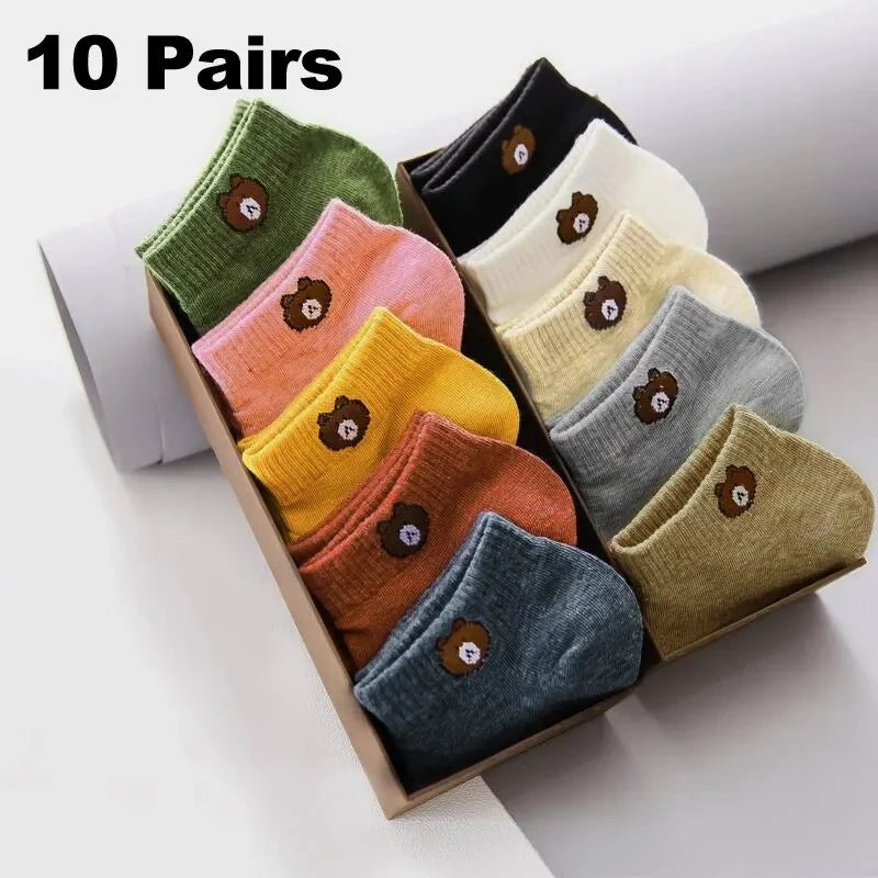 10 Pairs Women Low Socks Set With Cute Bear Pattern Fashionable Women Casual Versatile Style Comfortable Breathable Short Socks