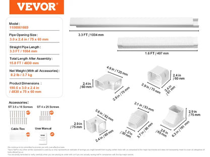 VEVOR - Cubierta decorativa de PVC para tubería de aire acondicionado (minisplit), fácil de instalar, pintable, para bomba de calor, color blanco