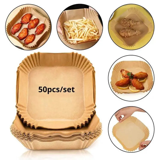 Juego de 50 piezas de papel desechable para freidora de aire, papel de pergamino, pulpa de madera, vaporizador para tarta de queso, accesorios para freidora de aire, papel para hornear.