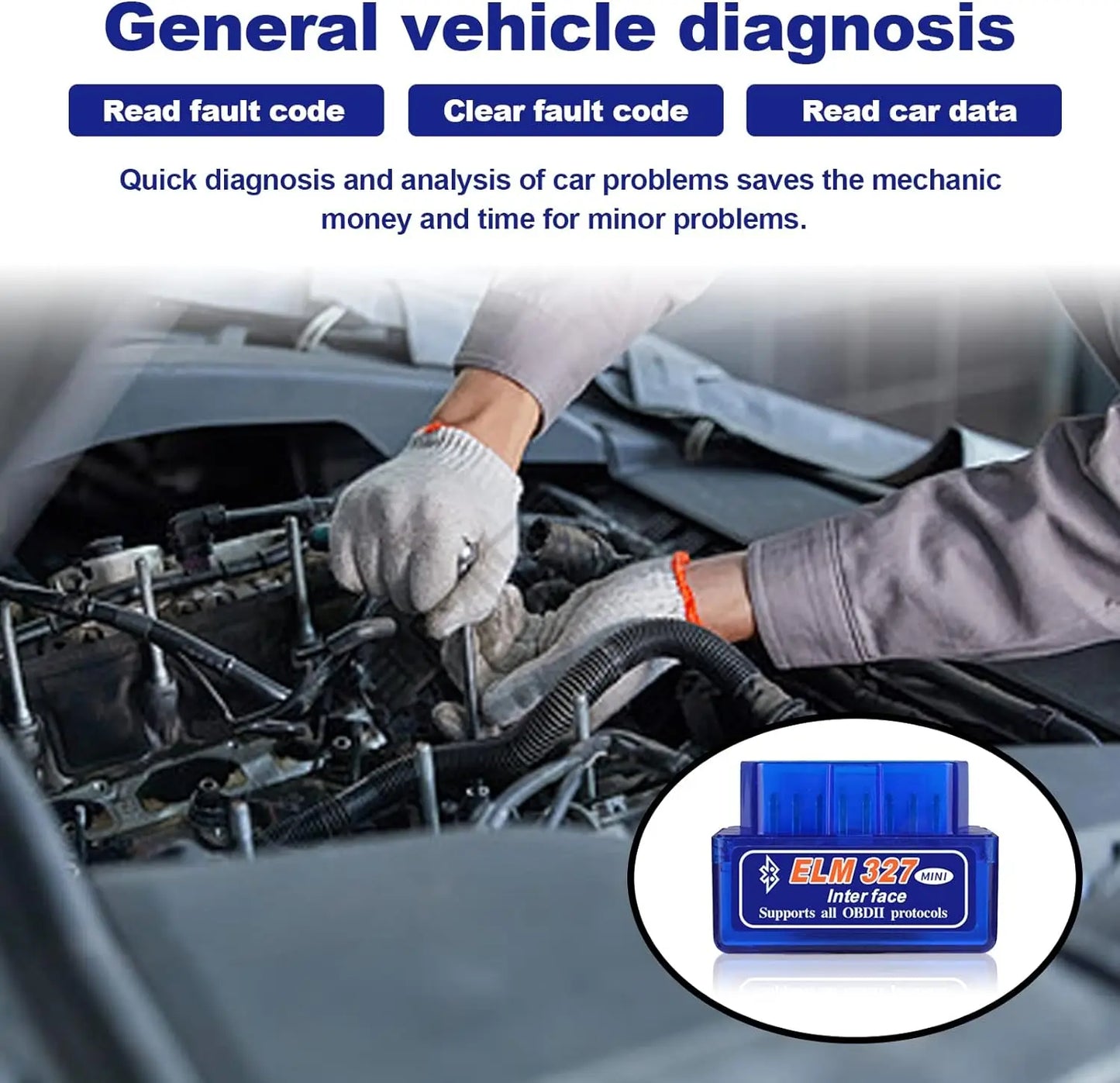Escáner OBD2 ELM327 V2.1 para diagnóstico de vehículos, comprobación del motor, lector de códigos y detector de fallos.