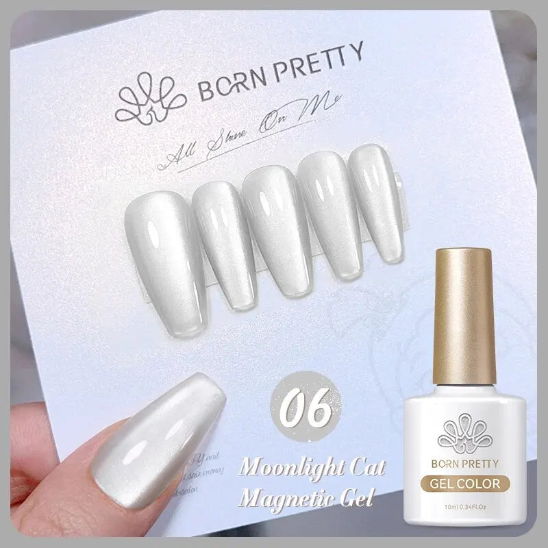 BORN PRETTY 2 esmaltes de gel magnéticos Moonlight Cat de 10 ml con barra magnética, efecto nieve, rosa y plateado, efecto brillo reflectante.