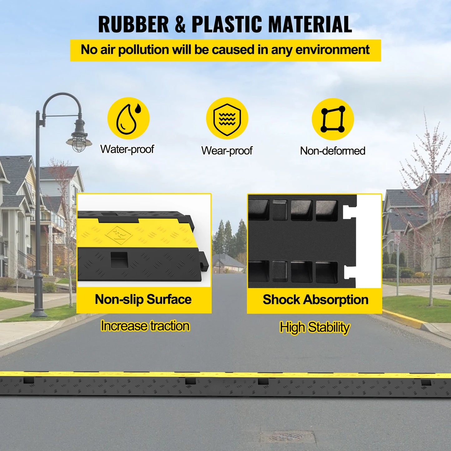 VEVOR Cable Protector Ramp 4 Packs 2 Channels Speed Bump Hump Rubber Modular Speed Bump Rated 11000 LBS Load Capacity Protector