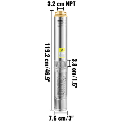 Bomba sumergible para pozo profundo VEVOR de 750 W, cable eléctrico de 20 m y 7,6 cm, de acero inoxidable, para riego industrial y uso doméstico.