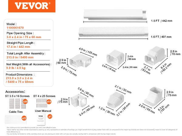 VEVOR - Cubierta decorativa de PVC para tubería de aire acondicionado (minisplit), fácil de instalar, pintable, para bomba de calor, color blanco