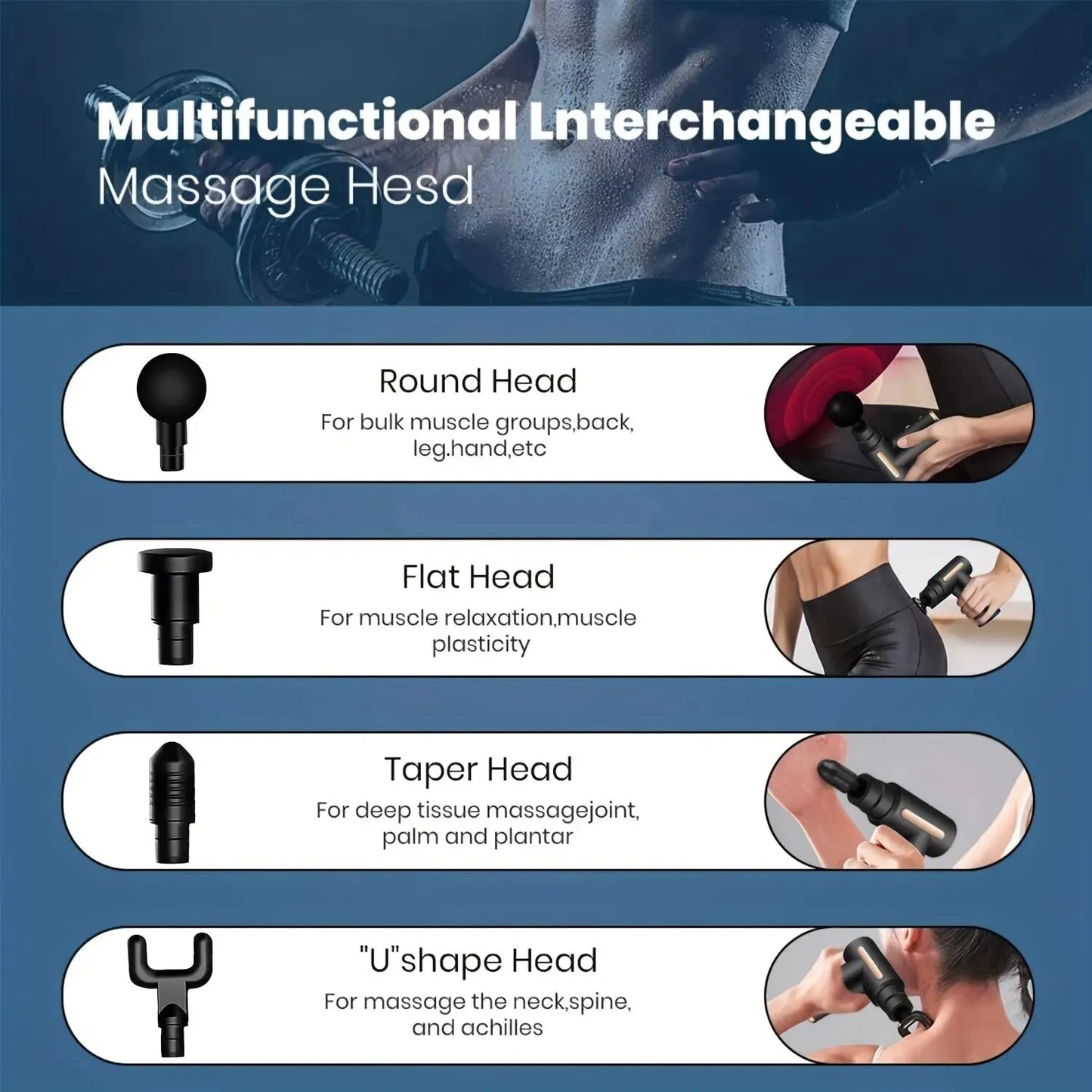 Pistola de masaje facial portátil, masajeador de percusión eléctrico, relajación corporal con pantalla táctil LED y 4 cabezales reemplazables.