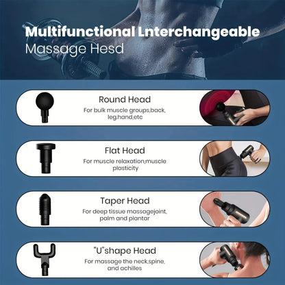 Pistola de masaje facial portátil, masajeador de percusión eléctrico, relajación corporal con pantalla táctil LED y 4 cabezales reemplazables.