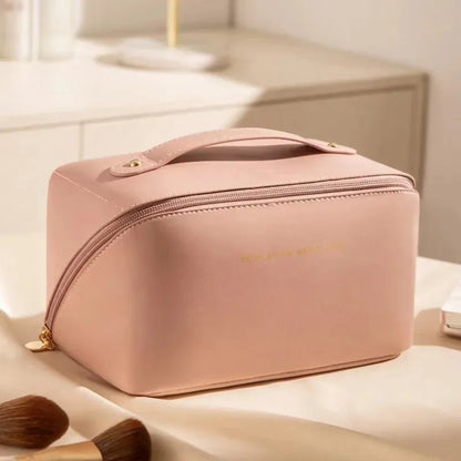 Bolsa de maquillaje de viaje portátil, impermeable, con almohada de cuero PU para mujer, bolsa de maquillaje de mano para que las mujeres la lleven.