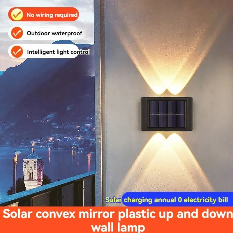 Luces decorativas de pared para patio, luminarias de iluminación exterior para el hogar, lámparas de pared con espejo convexo solar con luz ascendente y descendente