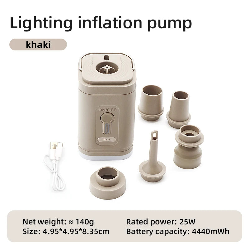 Bomba de aire eléctrica 3 en 1 con luces, minicompresor de aire inalámbrico, carga USB, inflador/desinflador para acampar al aire libre.