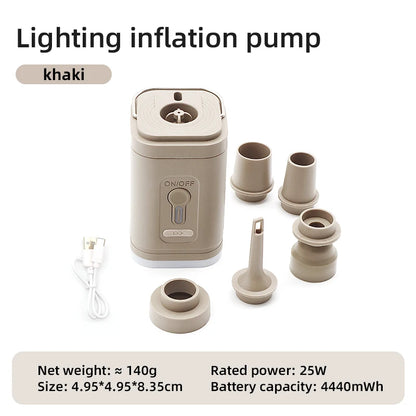 Bomba de aire eléctrica 3 en 1 con luces, minicompresor de aire inalámbrico, carga USB, inflador/desinflador para acampar al aire libre.