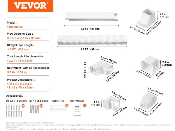 VEVOR - Cubierta decorativa de PVC para tubería de aire acondicionado (minisplit), fácil de instalar, pintable, para bomba de calor, color blanco