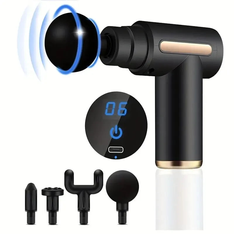 Pistola de masaje facial portátil, masajeador de percusión eléctrico, relajación corporal con pantalla táctil LED y 4 cabezales reemplazables.