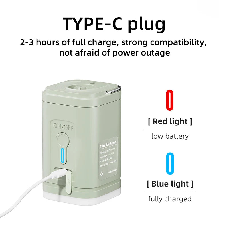 Bomba de aire eléctrica 3 en 1 con luces, minicompresor de aire inalámbrico, carga USB, inflador/desinflador para acampar al aire libre.