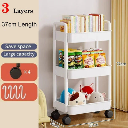 3/4/5 Tier Rolling Utility Cart with Hooks Book Storage Rack with Brakes Easy Assembly for Kitchen, Office, Bathroom
