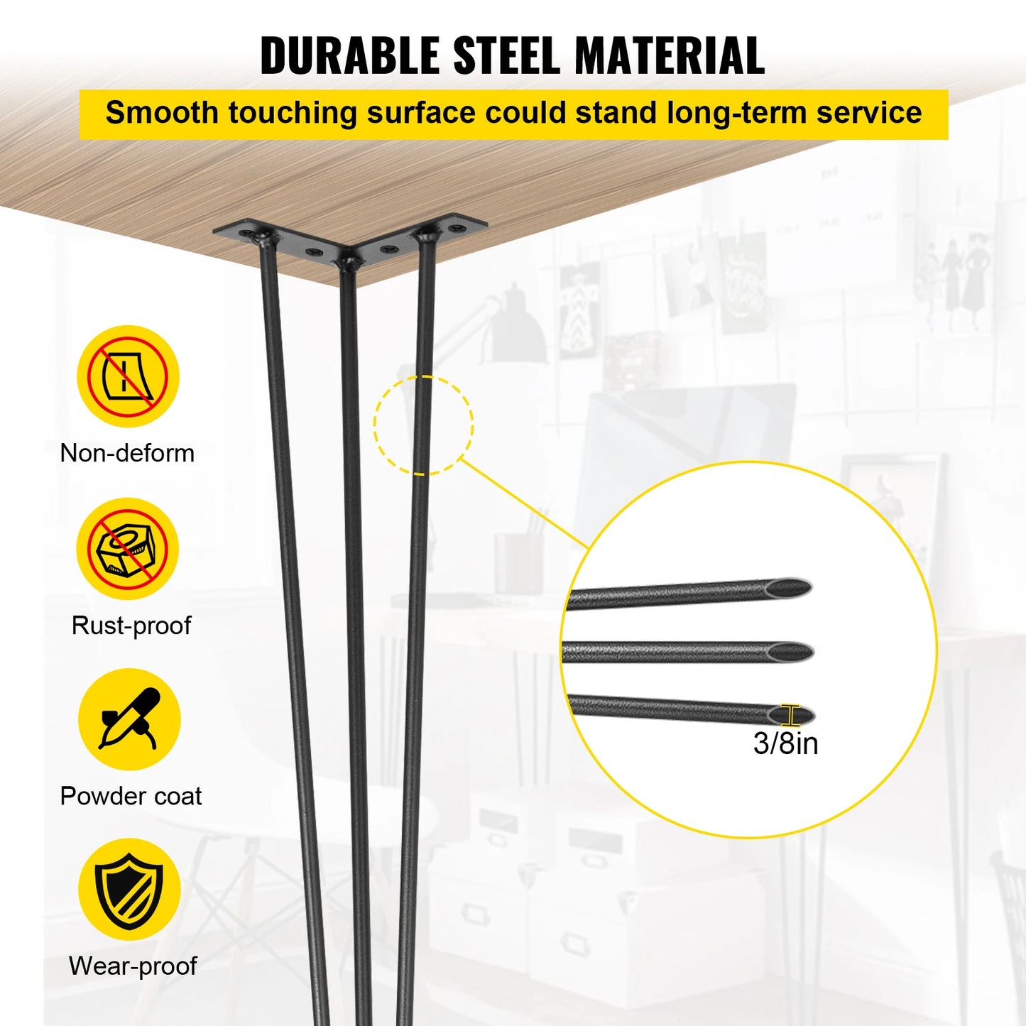 VEVOR 4Pcs Metal Table Legs 16-40 Inch 3-Rod Hairpin Furniture Legs DIY Home Bench Dining Desk End Coffee Table Feet Accessories