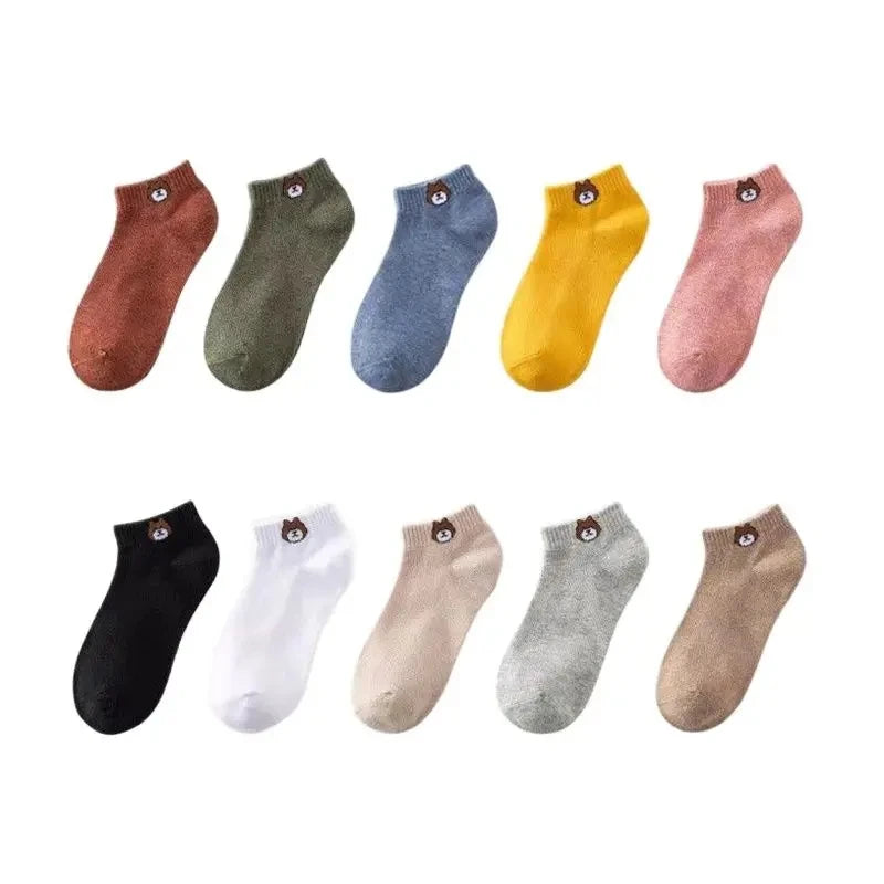 10 Pairs Women Low Socks Set With Cute Bear Pattern Fashionable Women Casual Versatile Style Comfortable Breathable Short Socks