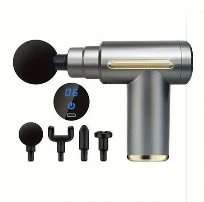 Pistola de masaje facial portátil, masajeador de percusión eléctrico, relajación corporal con pantalla táctil LED y 4 cabezales reemplazables.
