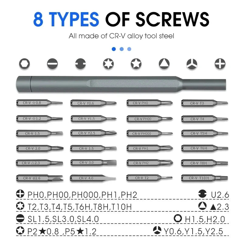 Juego de destornilladores de precisión 25 en 1, mini destornilladores magnéticos con 24 puntas Torx, kit de herramientas manuales de reparación pequeñas para iPhone, PC y iPhone.