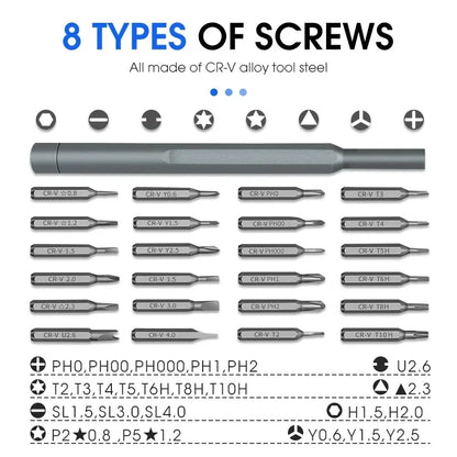 Juego de destornilladores de precisión 25 en 1, mini destornilladores magnéticos con 24 puntas Torx, kit de herramientas manuales de reparación pequeñas para iPhone, PC y iPhone.