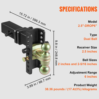 VEVOR - Enganche de remolque ajustable con bola de montaje, receptor de 2'' y receptor de 6'', bola de remolque de acero de tubo sólido para remolque de camiones