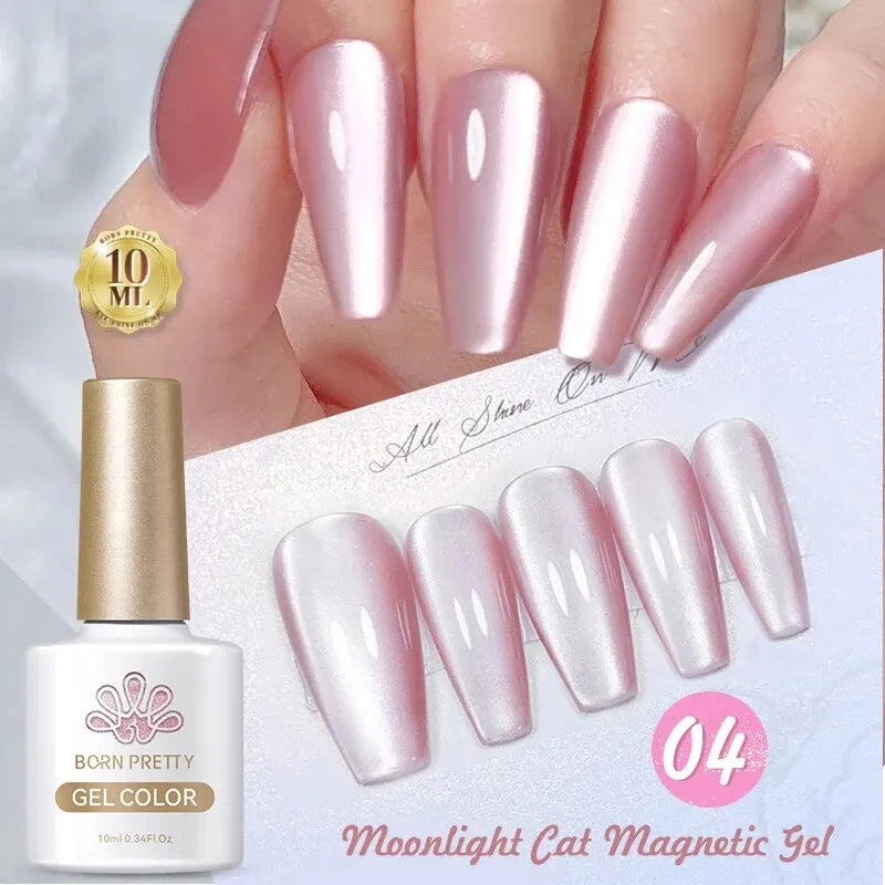 BORN PRETTY 2 esmaltes de gel magnéticos Moonlight Cat de 10 ml con barra magnética, efecto nieve, rosa y plateado, efecto brillo reflectante.