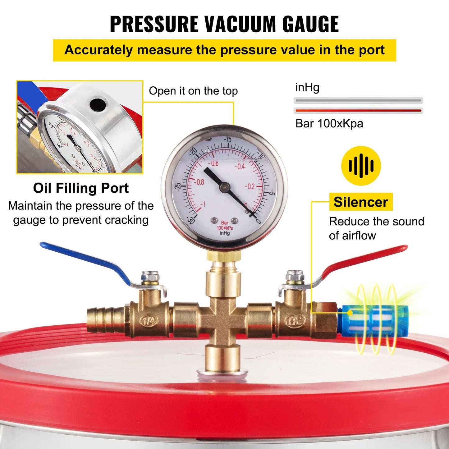 Cámara de vacío de acero inoxidable VEVOR Cámara de desgasificación al vacío de 1,5 a 5 galones Tapa de vidrio Siliconas para extracción de gas y protección Fo