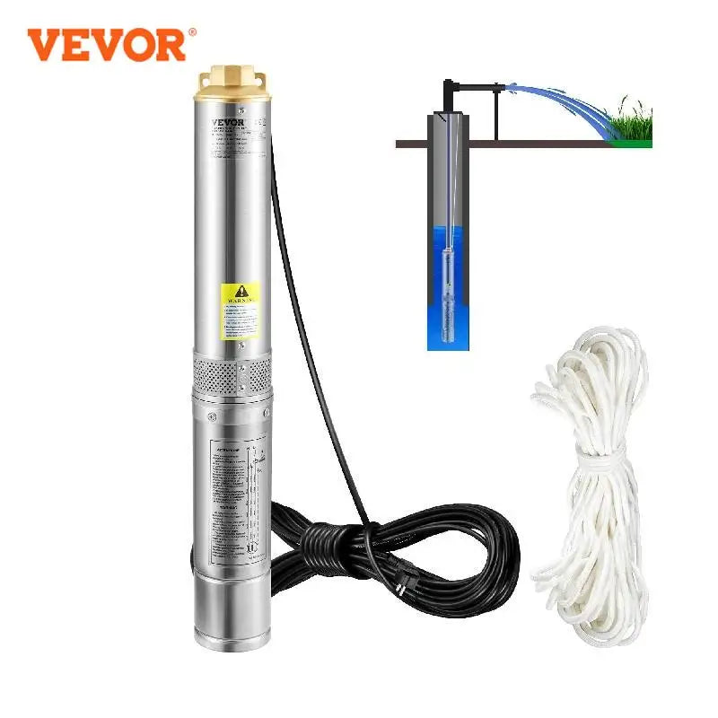 Bomba sumergible para pozo profundo VEVOR de 750 W, cable eléctrico de 20 m y 7,6 cm, de acero inoxidable, para riego industrial y uso doméstico.