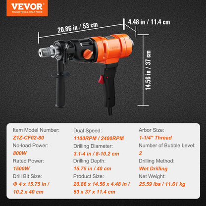Taladro de diamante VEVOR de 1500 W y 4 pulgadas, con núcleo de hormigón, portátil, con velocidad continua y en húmedo.